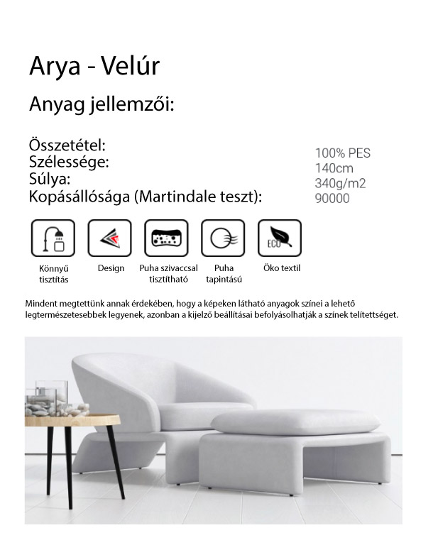 Arya textil paletta jellemzői